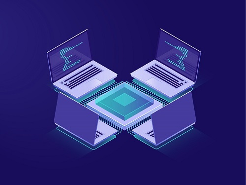 server room, artificial intelligence, big data processing, online banking operations, data encryption, network conception, net with laptop, isometric illustration vector neon