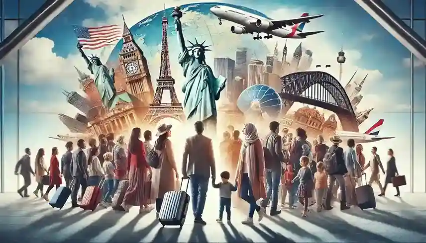dall e 2025 01 22 10.09.40 a conceptual image representing immigration. it features diverse individuals or families at an airport or international border carrying luggage and l 1